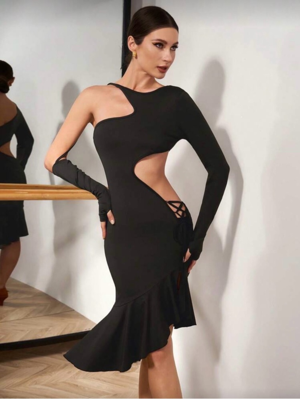 Asymmetric One-Shoulder Black Cutout Dress